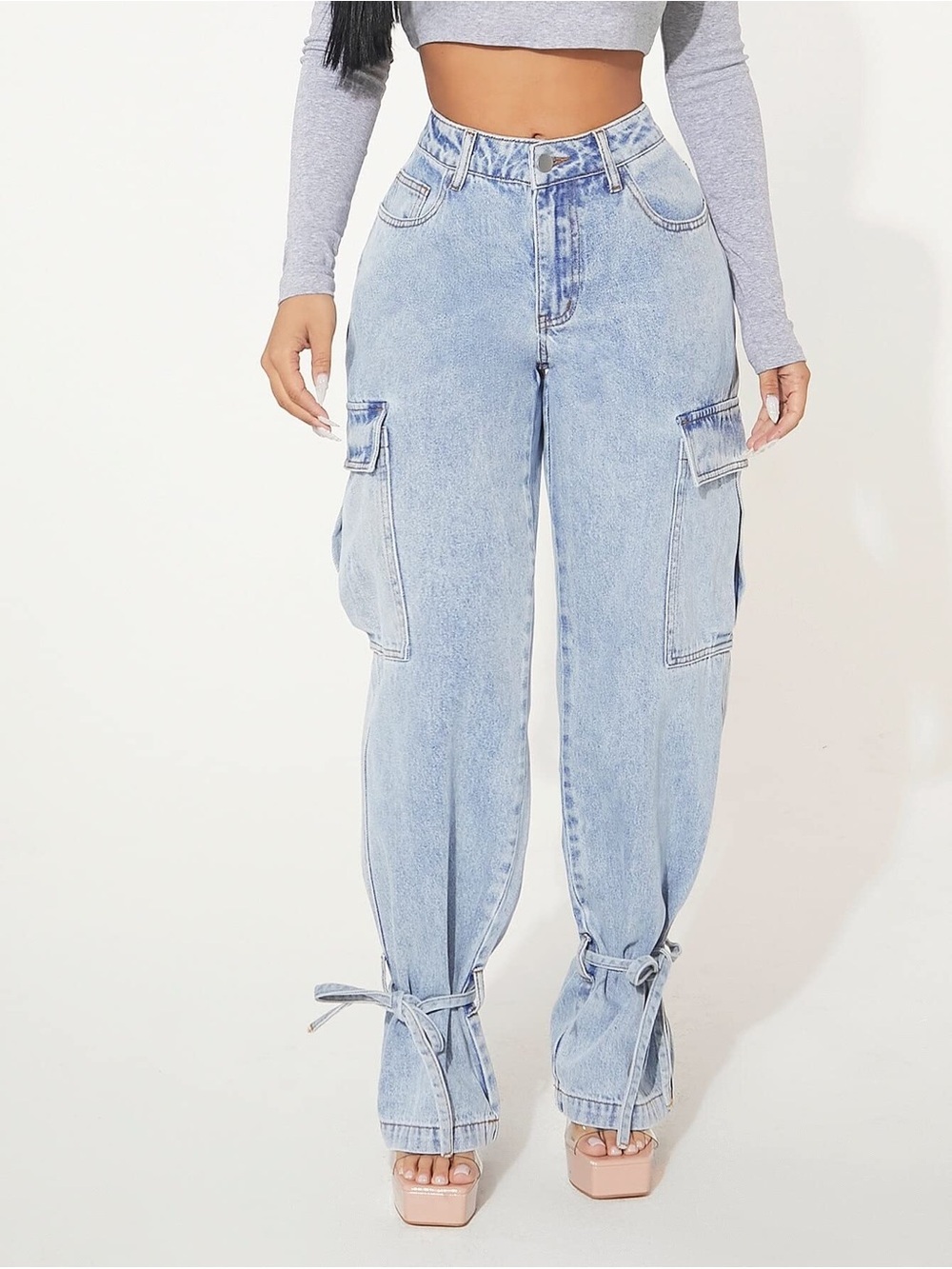 Light Blue Cargo Tie-Hem Women’s Jeans